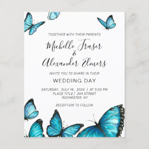 Trendy blue watercolor butterflies. Wedding Invita Flyer