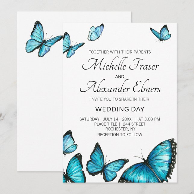 Trendy blue watercolor butterflies. Wedding Invitation (Front/Back)