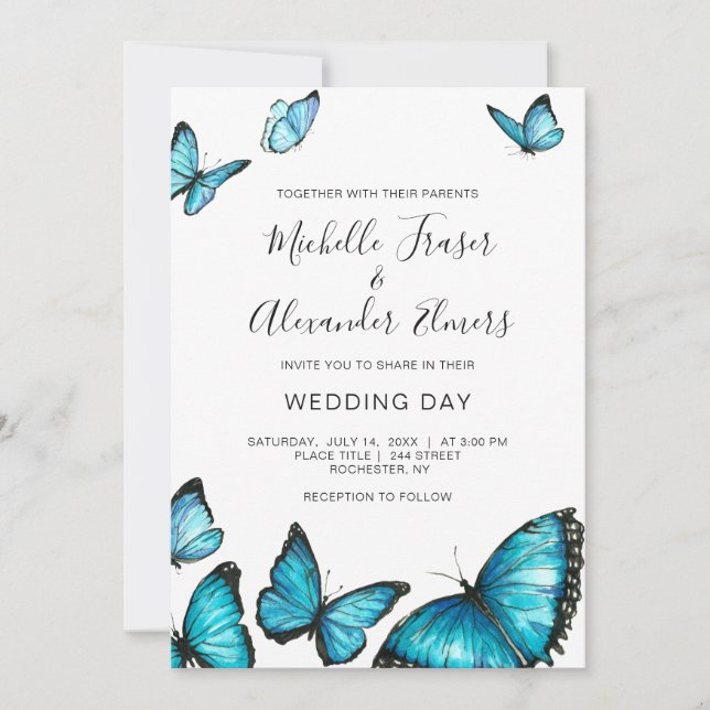 Trendy blue watercolor butterflies. Wedding Invitation (Front)