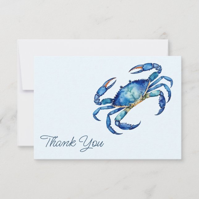 Trendy Blue Watercolor Crab Beach Thank You Cards  (Front)