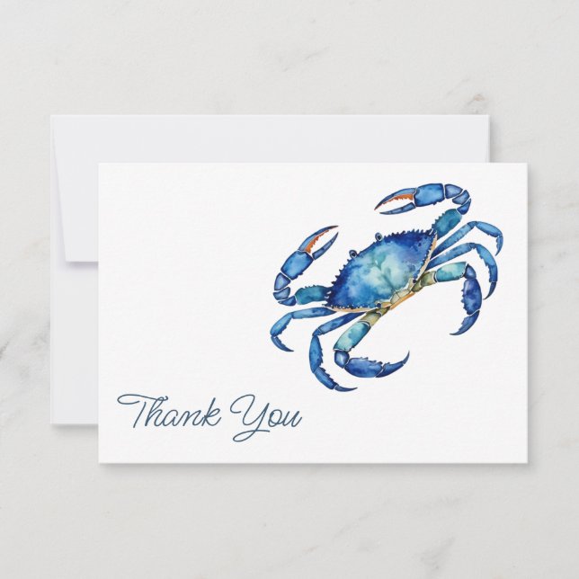 Trendy Blue Watercolor Crab Beach Thank You Cards  (Front)