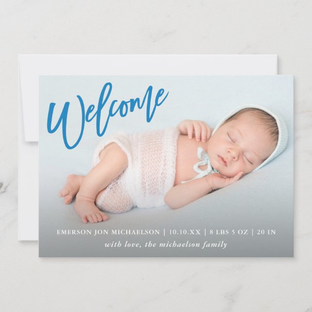 Trendy Blue Welcome Script with Photo Baby Birth Announcement (Front)