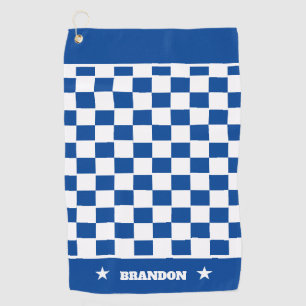 Trendy Blue White Checkered Pattern & Stars Custom Golf Towel