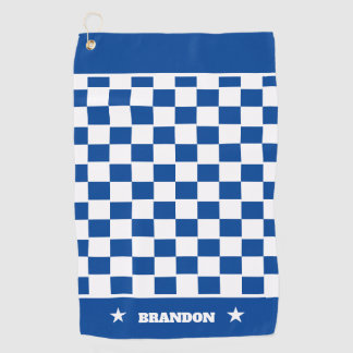 Trendy Blue White Chequered Pattern & Stars Custom Golf Towel