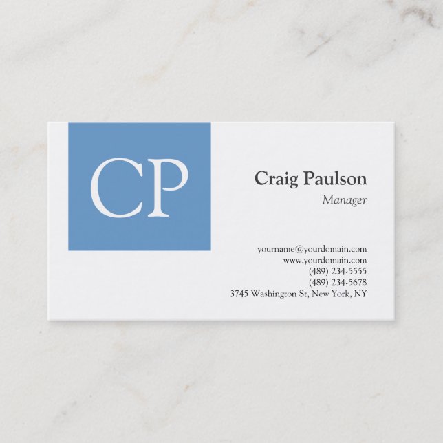 Trendy Blue White Modern Monogram Business Card (Front)