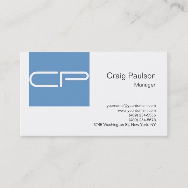 Trendy Blue White Modern Monogram Business Card (Front)