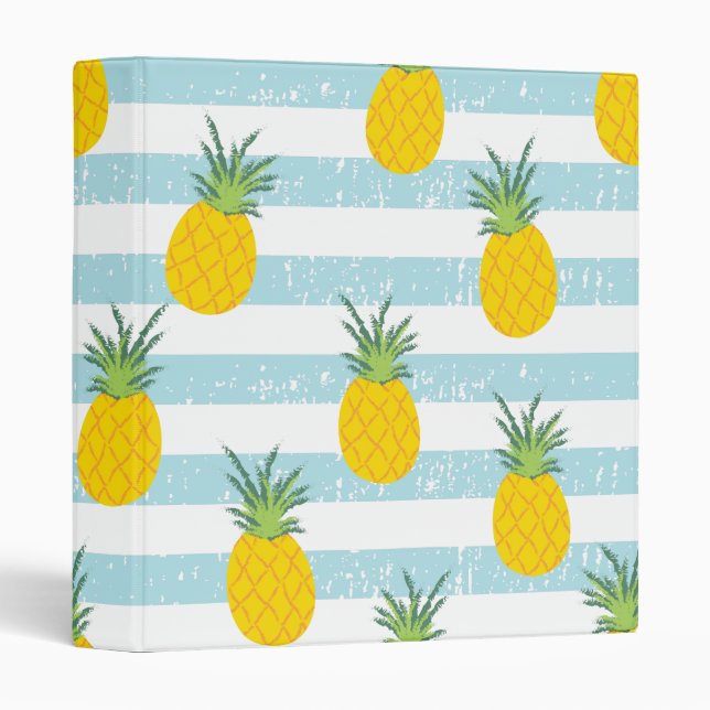 Trendy Blue White Stripes Pineapple Pattern Binder (Front/Spine)