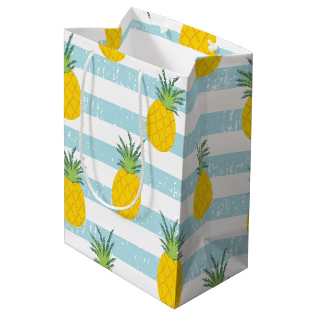 Trendy Blue White Stripes Pineapple Pattern Medium Gift Bag (Back Angled)