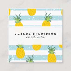 Trendy Blue White Stripes Pineapple Pattern Square Business Card