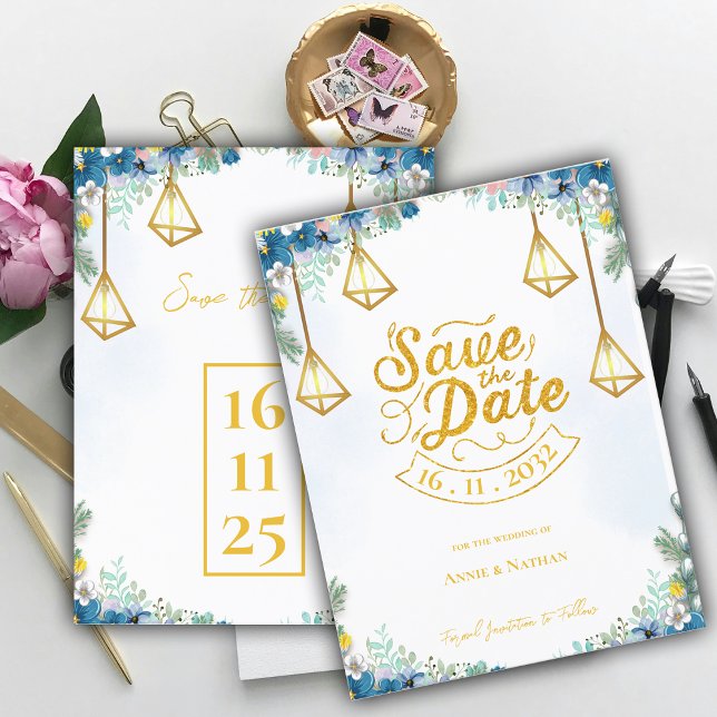 Trendy Blue Yellow Floral With Lanterns Wedding  Announcement Postcard (Trendy Blue Yellow Floral With Lanterns Wedding Announcement Postcard)