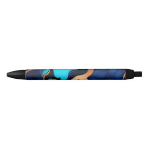 Trendy Blue yellow Gold faux marble  Black Ink Pen
