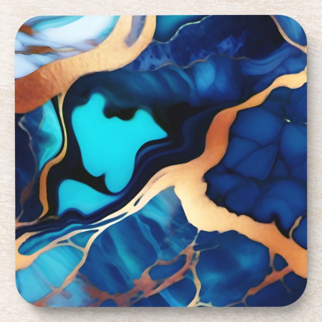 Trendy Blue yellow Gold faux marble Coaster (Front)