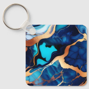 Trendy Blue yellow Gold faux marble Keychain