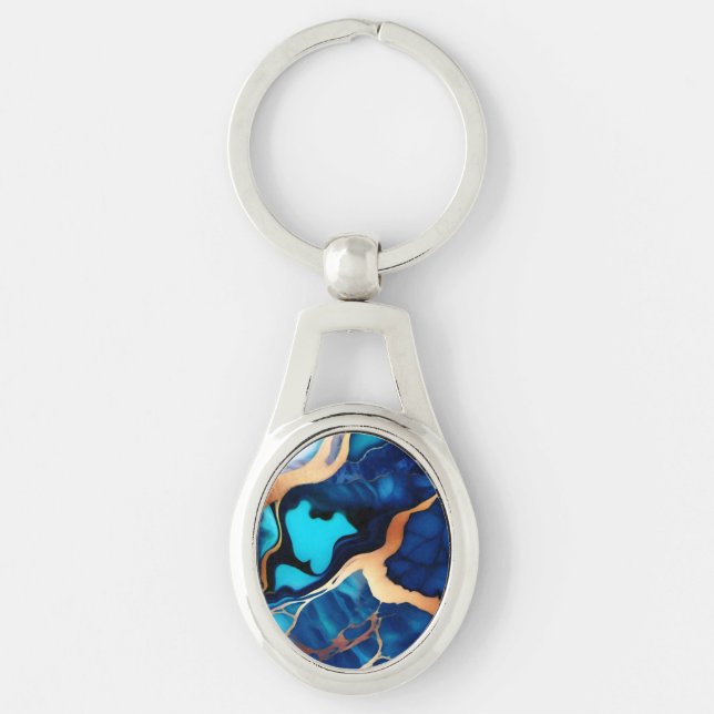 Trendy Blue yellow Gold faux marble  Keychain (Front)