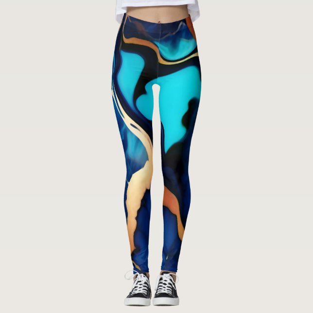 Trendy Blue yellow Gold faux marble Leggings (Front)