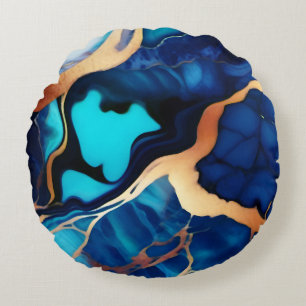 Trendy Blue yellow Gold faux marble Round Pillow