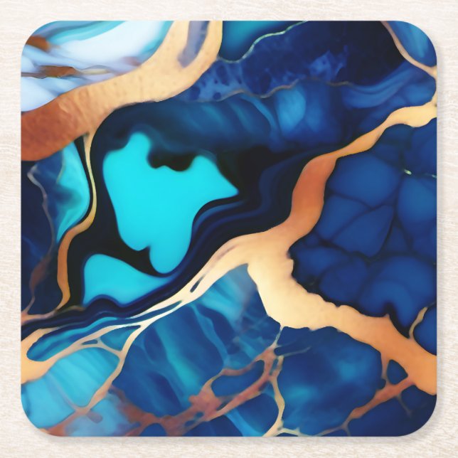 Trendy Blue yellow Gold faux marble Square Paper Coaster (Front)