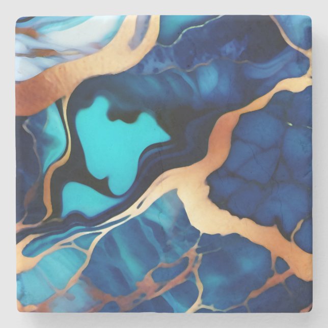 Trendy Blue yellow Gold faux marble Stone Coaster (Front)