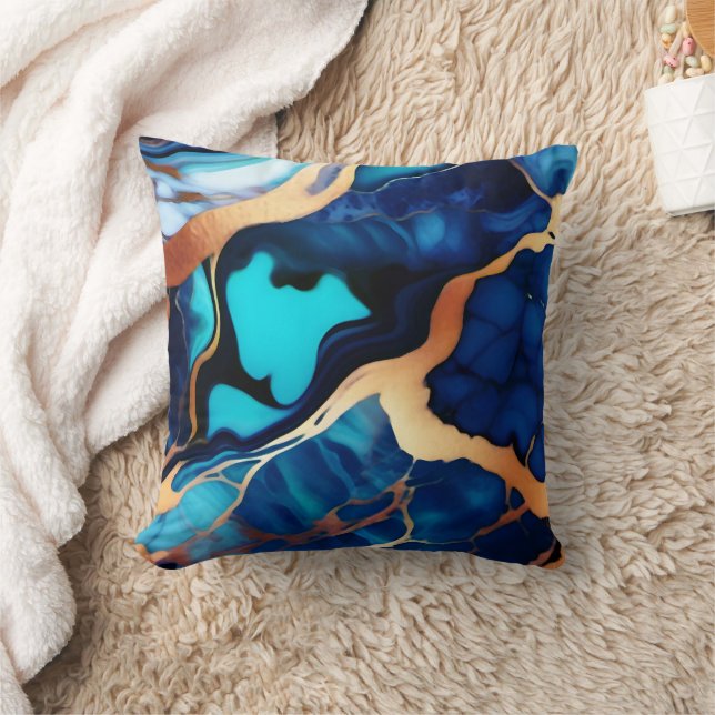 Trendy Blue yellow Gold faux marble Throw Pillow (Blanket)