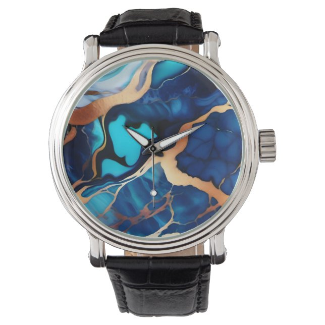 Trendy Blue yellow Gold faux marble  Watch (Front)