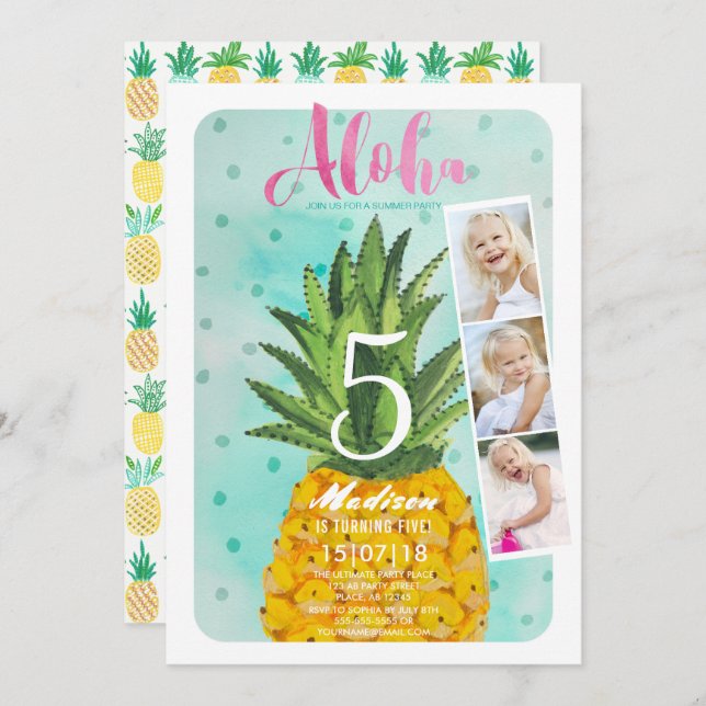 Trendy blue & yellow Tropical Pineapple Fruit Invitation (Front/Back)