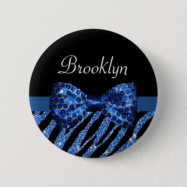 Trendy Blue Zebra Print FAUX Glitz Bow With Name 2 Inch Round Button (Front)