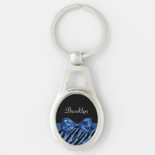 Trendy Blue Zebra Print FAUX Glitz Bow With Name Keychain