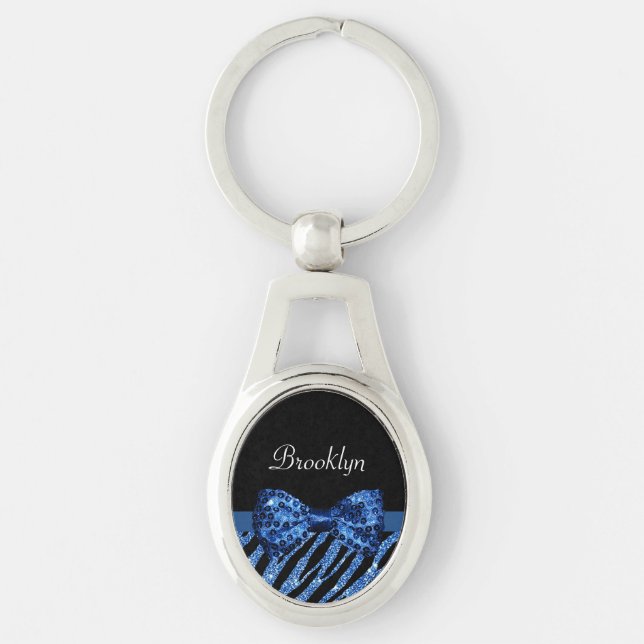 Trendy Blue Zebra Print FAUX Glitz Bow With Name Keychain (Front)