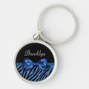 Trendy Blue Zebra Print FAUX Glitz Bow With Name Keychain
