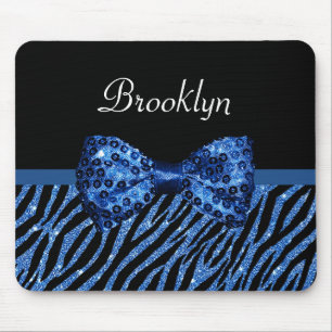 Trendy Blue Zebra Print FAUX Glitz Bow With Name Mouse Pad