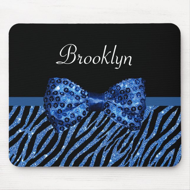 Trendy Blue Zebra Print FAUX Glitz Bow With Name Mouse Pad (Front)
