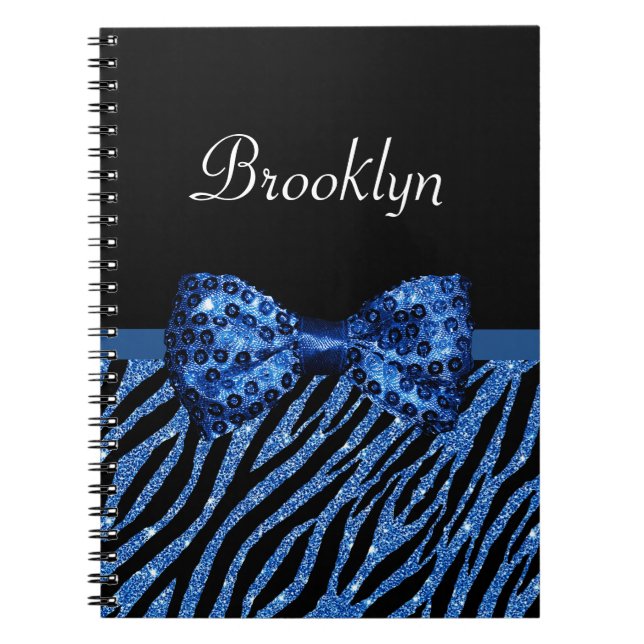 Trendy Blue Zebra Print FAUX Glitz Bow With Name Notebook (Front)