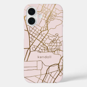Trendy Blush and Faux Gold Map Design with Name iPhone 16 Case