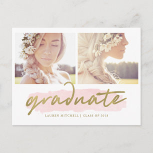 Trendy Blush and Gold Two Photo Graduation Party Invitation Postcard