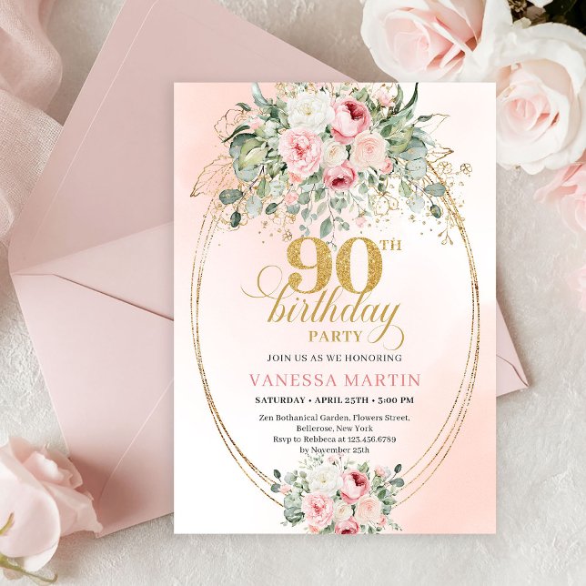 Trendy Blush Floral Gold Boho 90th Birthday Invite (Simple Blush Roses Minimal 90th Birthday Invitation)