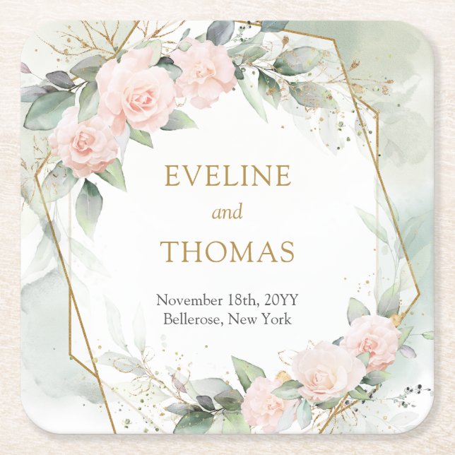 Trendy blush floral gold frame eucalyptus wedding square paper coaster (Front)