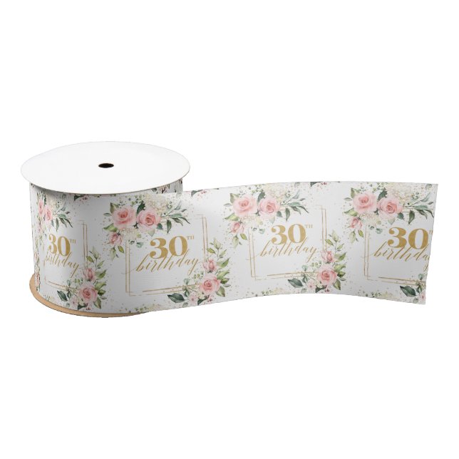 Trendy blush floral gold sparkles 30th birthday satin ribbon (Spool)