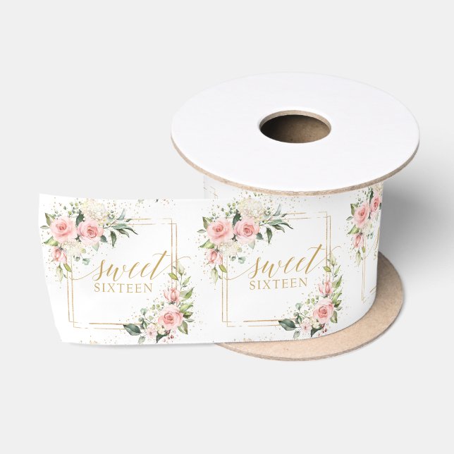 Trendy blush floral gold sparkles sweet sixteen satin ribbon (Spool)