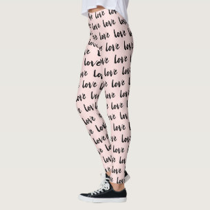 Trendy Blush Pink and Black Love Typography Leggings