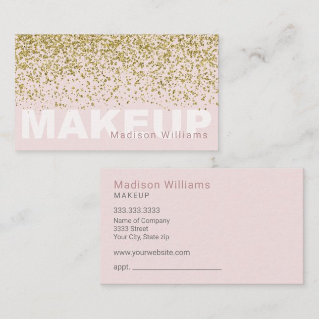 Trendy Blush Pink and Gold Glitter Makeup Business Card (Front/Back)