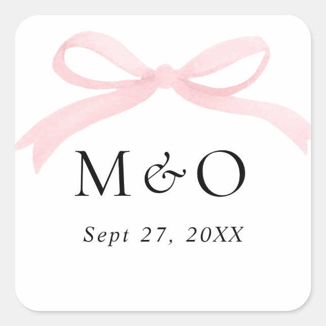 Trendy Blush Pink Bow Watercolor Monogram Wedding Square Sticker (Front)