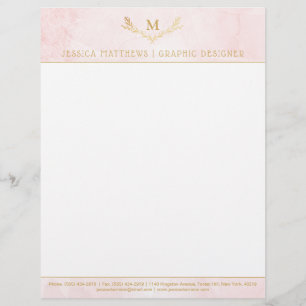 Trendy Blush Pink & Gold Foil Monogram Wreath Letterhead