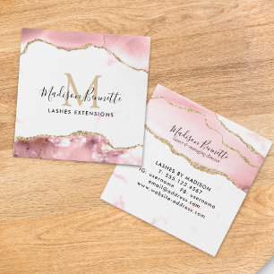 Trendy Blush Pink Gold Glitter Agate Monogram Square Business Card