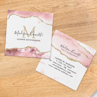 Trendy Blush Pink Gold Glitter Agate Monogram Square Business Card
