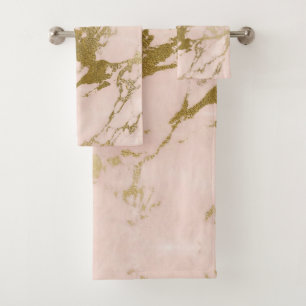 Trendy Blush Pink Gold Marble Bath Towel Set