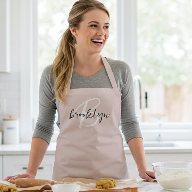 Trendy Blush Pink Grey Script Monogram Name Apron (Creator Uploaded)