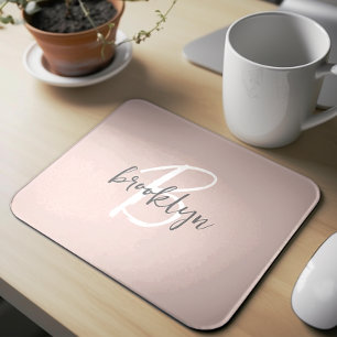 Trendy Blush Pink Grey Script Monogram Name Mouse Pad