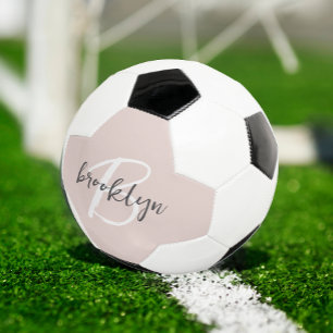 Trendy Blush Pink Grey Script Monogram Name Soccer Ball