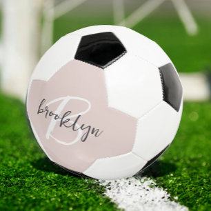Trendy Blush Pink Grey Script Monogram Name Soccer Ball