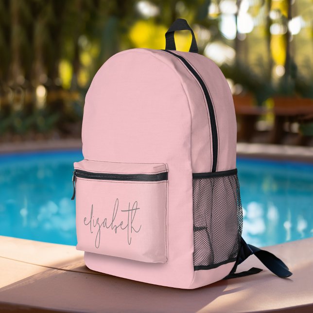 Trendy blush pink - modern script grey name printed backpack (Custom Backpack with a Modern Script Name and Blush Pink background)